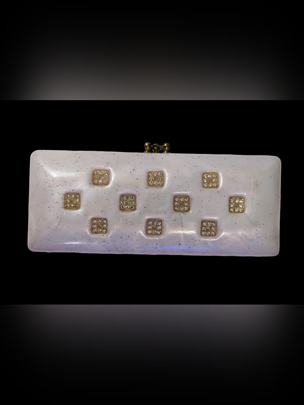 Vintage MCM Lucite Clutch Purse Pearl White Confetti Hard Shell Rhinestone Bling